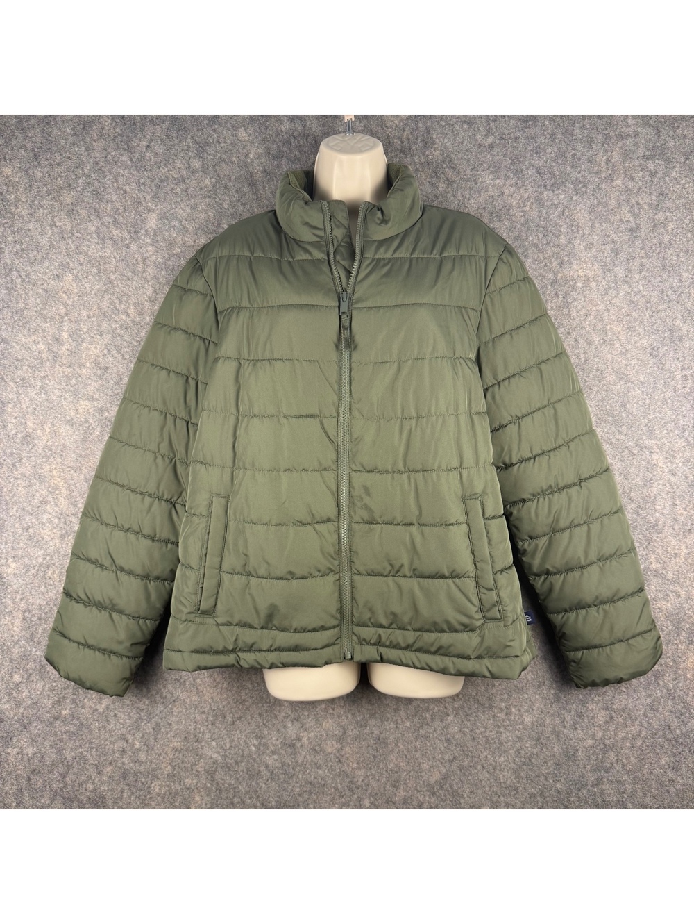 GAP Puffer Jacket Fleece Collar Water Resistant Zip Olive Green Women XL 510